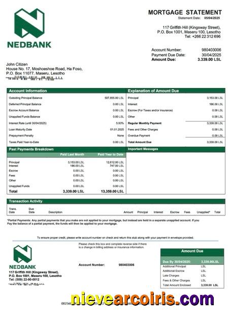 Lesotho Nedbank Lesotho mortgage statement Word and PDF template
